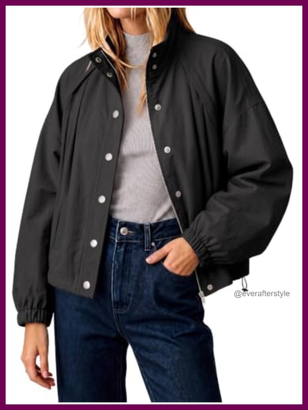 Women's Cropped Bomber Jacket Button Down Stand Collar Loose Fit Fall Coat